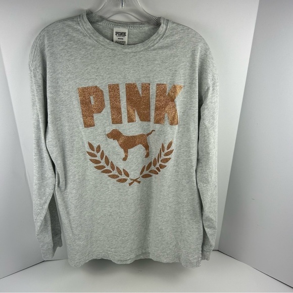 Victoria's Secret PINK Gray Long Sleeve Shirt M Gold Glitter Dog Graphic… - Picture 2 of 10
